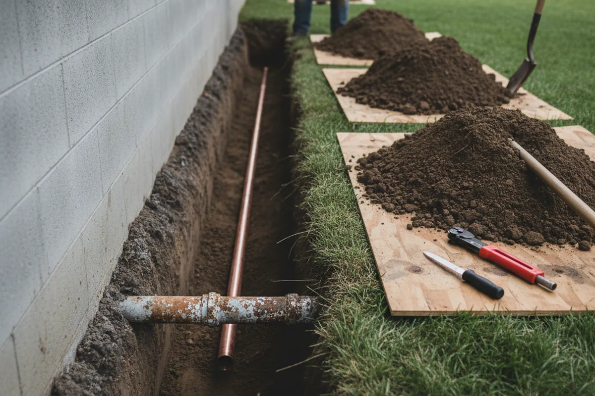 Excavated water line trench during Sewer Line Repair in New Bern